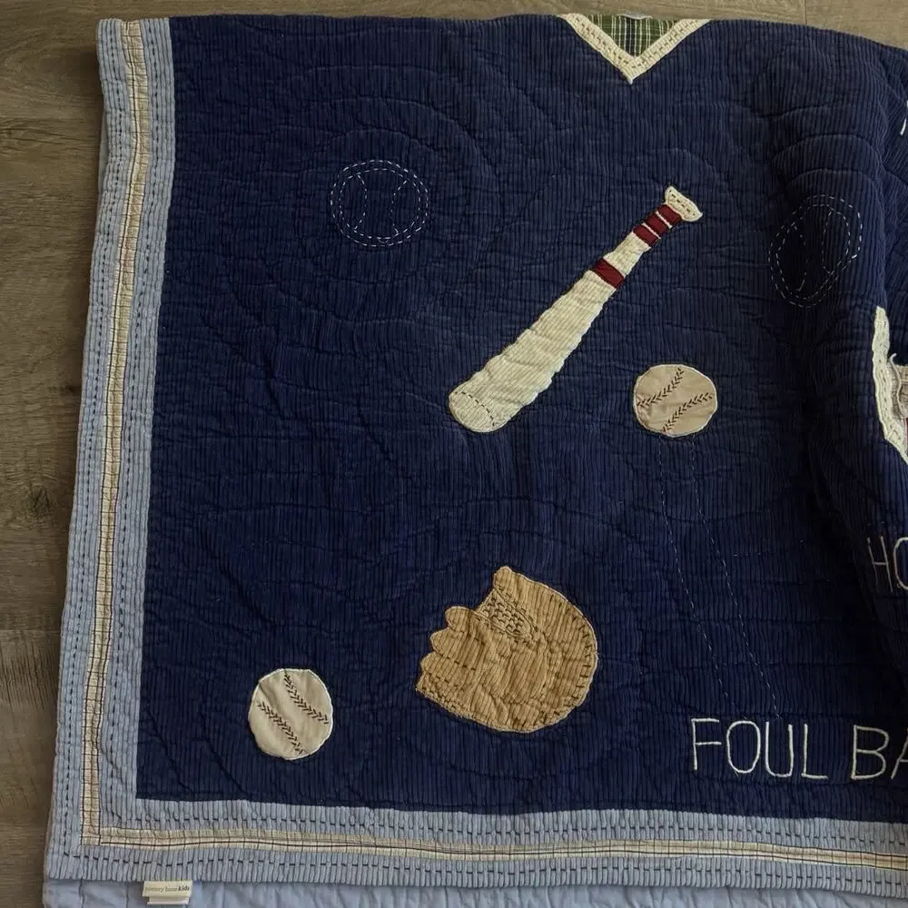Full Pottery Barn Kids Baseball Field Cotton Corduroy Quilt Home Run Appliqué